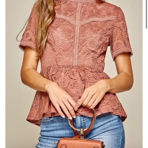 Andree by unit rust lace peplum blouse with mock neck